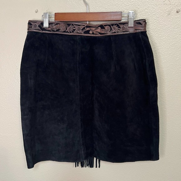 NWT Kobler Suede Tooled Leather Fringe Skirt Size Large - Picture 2 of 4